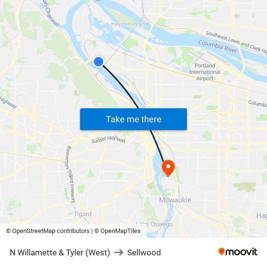 N Willamette & Tyler (West) to Sellwood map