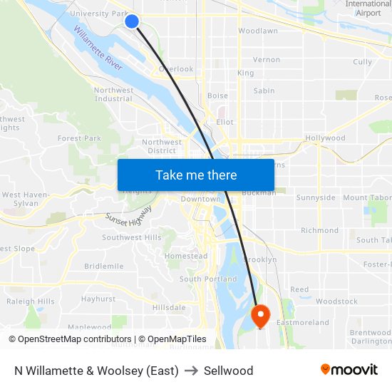 N Willamette & Woolsey (East) to Sellwood map