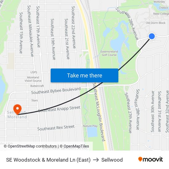 SE Woodstock & Moreland Ln (East) to Sellwood map