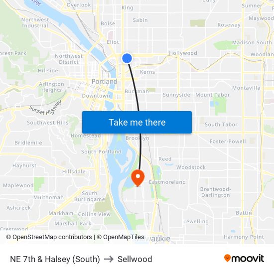 NE 7th & Halsey (South) to Sellwood map