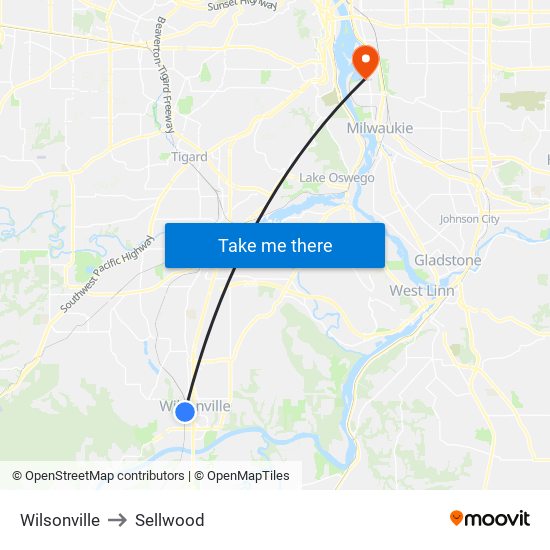 Wilsonville to Sellwood map