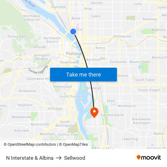 N Interstate & Albina to Sellwood map