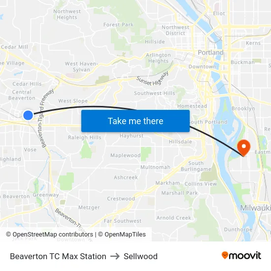 Beaverton TC Max Station to Sellwood map