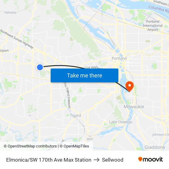 Elmonica/SW 170th Ave Max Station to Sellwood map