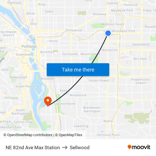 NE 82nd Ave Max Station to Sellwood map