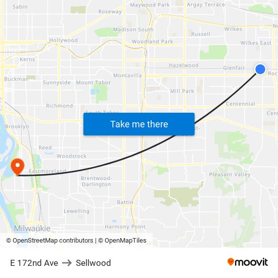 E 172nd Ave to Sellwood map