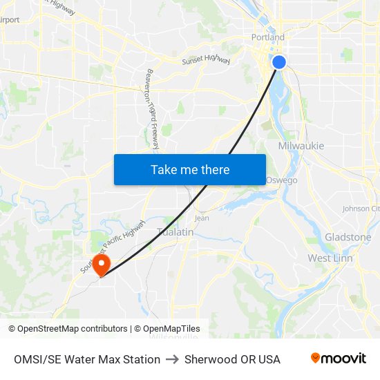 OMSI/SE Water Max Station to Sherwood OR USA map