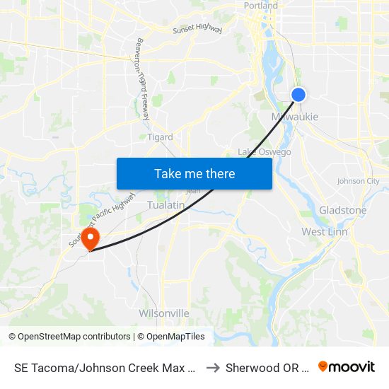 SE Tacoma/Johnson Creek Max Station to Sherwood OR USA map