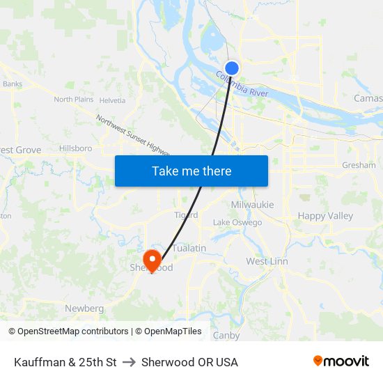 Kauffman & 25th St to Sherwood OR USA map