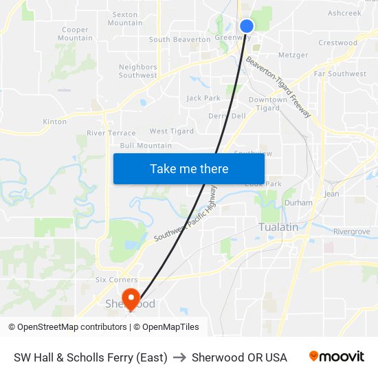 SW Hall & Scholls Ferry (East) to Sherwood OR USA map