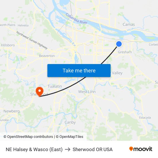 NE Halsey & Wasco (East) to Sherwood OR USA map