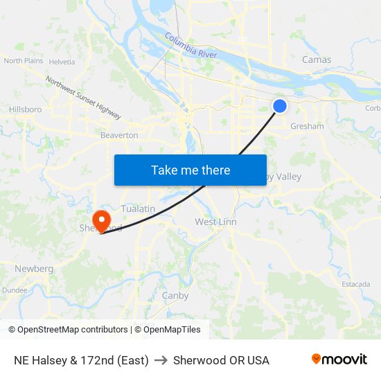 NE Halsey & 172nd (East) to Sherwood OR USA map