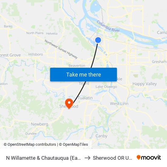 N Willamette & Chautauqua (East) to Sherwood OR USA map