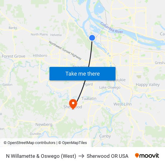 N Willamette & Oswego (West) to Sherwood OR USA map