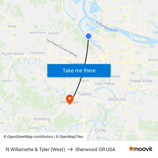 N Willamette & Tyler (West) to Sherwood OR USA map
