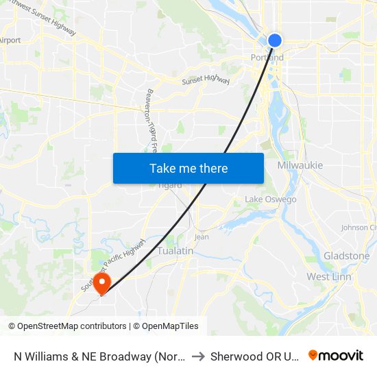N Williams & NE Broadway (North) to Sherwood OR USA map