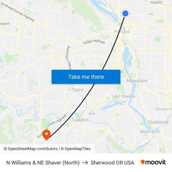 N Williams & NE Shaver (North) to Sherwood OR USA map