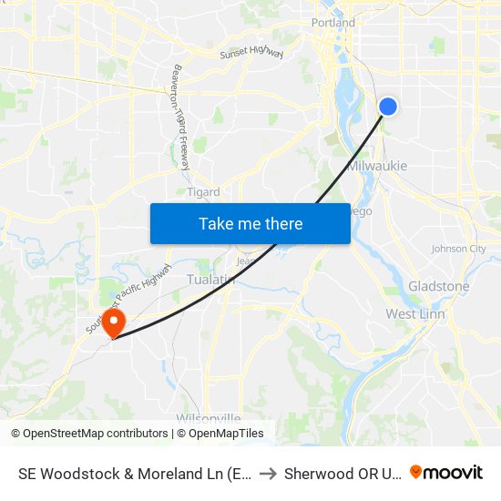 SE Woodstock & Moreland Ln (East) to Sherwood OR USA map