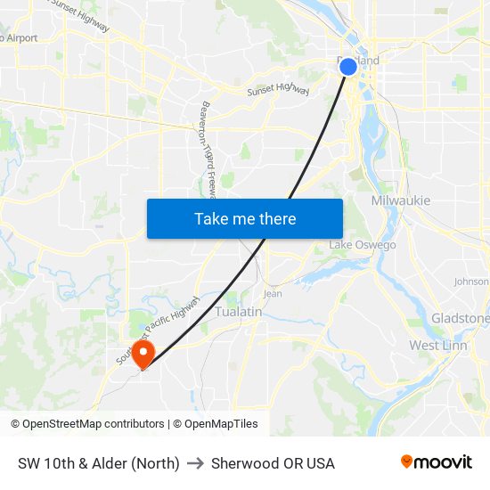 SW 10th & Alder (North) to Sherwood OR USA map