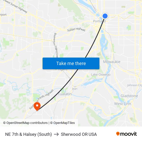 NE 7th & Halsey (South) to Sherwood OR USA map