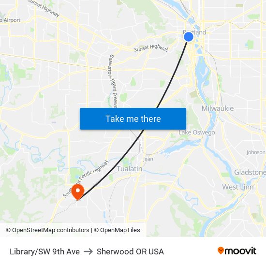 Library/SW 9th Ave to Sherwood OR USA map