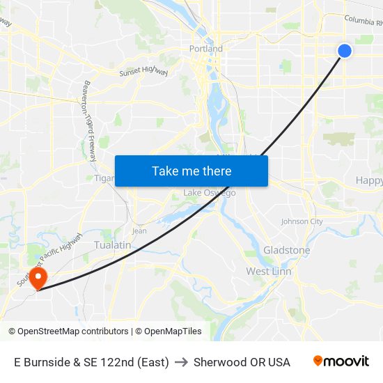 E Burnside & SE 122nd (East) to Sherwood OR USA map