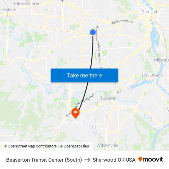 Beaverton Transit Center (South) to Sherwood OR USA map