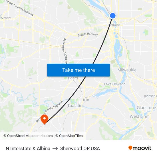 N Interstate & Albina to Sherwood OR USA map
