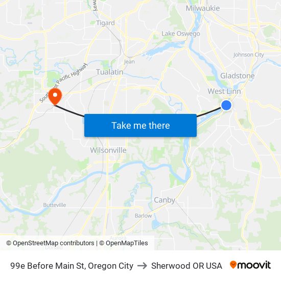 99e Before Main St, Oregon City to Sherwood OR USA map