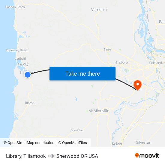 Library, Tillamook to Sherwood OR USA map