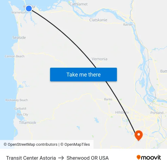 Transit Center Astoria to Sherwood OR USA map