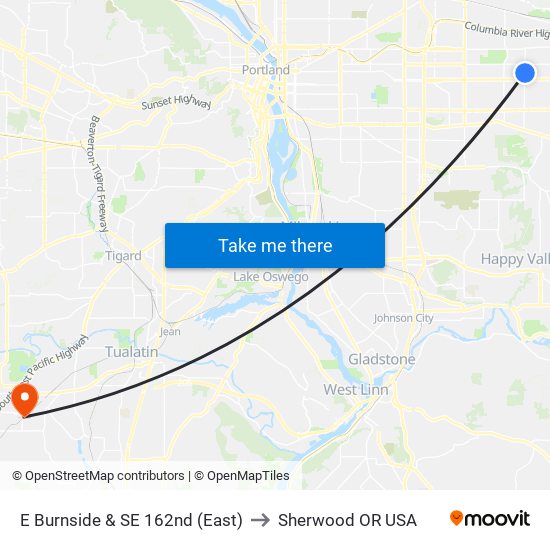 E Burnside & SE 162nd (East) to Sherwood OR USA map