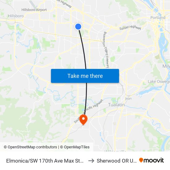 Elmonica/SW 170th Ave Max Station to Sherwood OR USA map