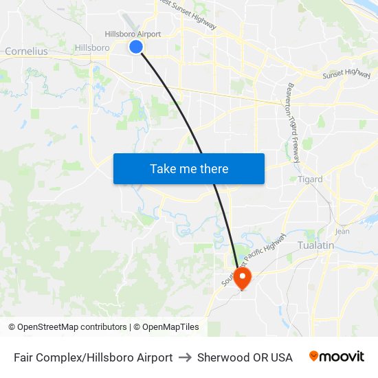 Fair Complex/Hillsboro Airport to Sherwood OR USA map