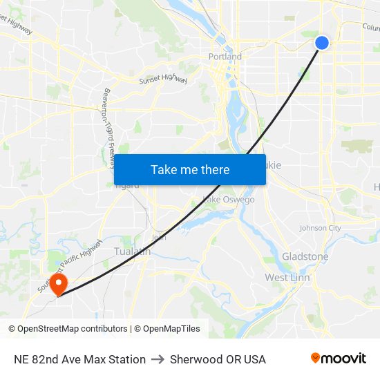 NE 82nd Ave Max Station to Sherwood OR USA map