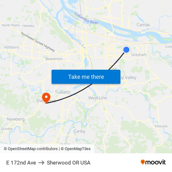E 172nd Ave to Sherwood OR USA map