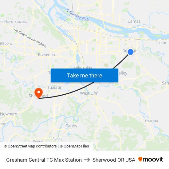 Gresham Central TC Max Station to Sherwood OR USA map