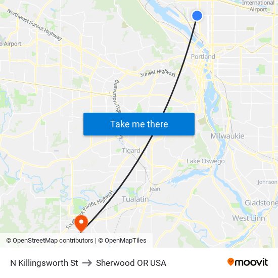 N Killingsworth St to Sherwood OR USA map