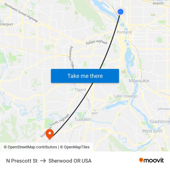 N Prescott St to Sherwood OR USA map