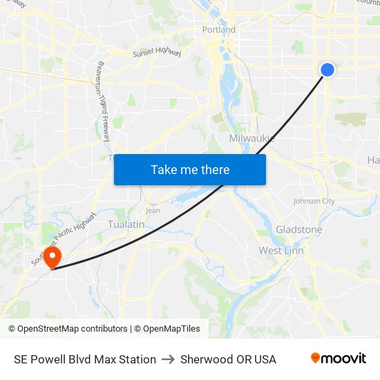 SE Powell Blvd Max Station to Sherwood OR USA map