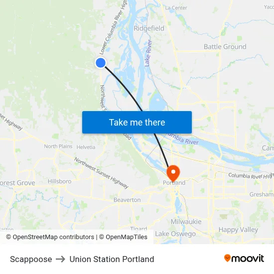 Scappoose to Union Station Portland map
