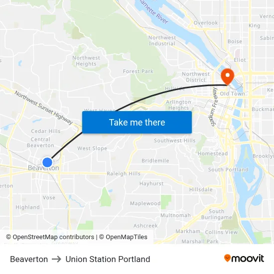 Beaverton to Union Station Portland map