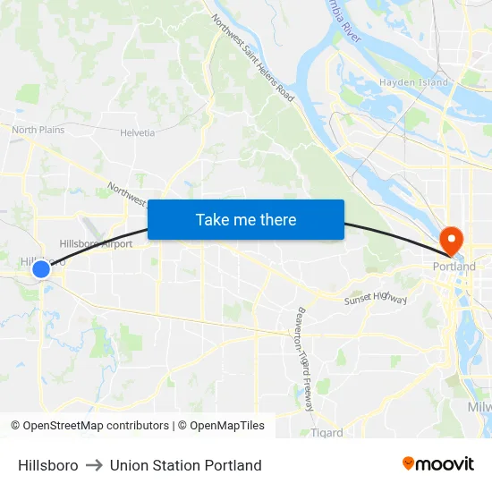 Hillsboro to Union Station Portland map