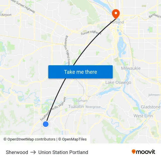 Sherwood to Union Station Portland map
