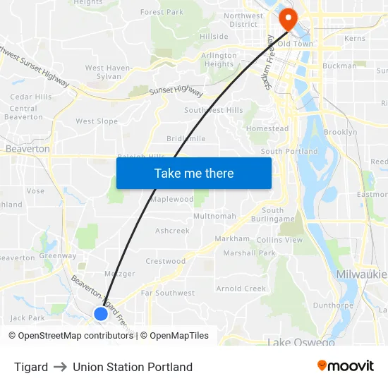 Tigard to Union Station Portland map