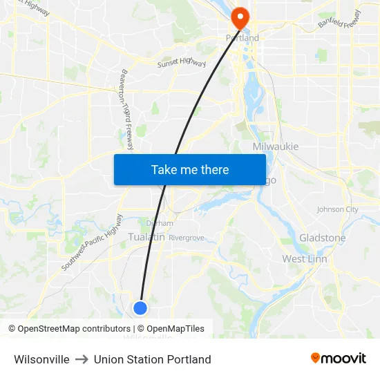 Wilsonville to Union Station Portland map