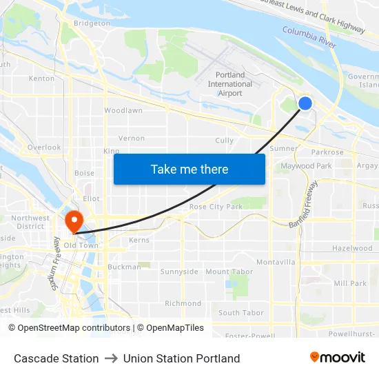 Cascade Station to Union Station Portland map