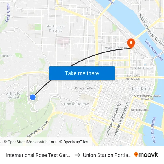 International Rose Test Garden to Union Station Portland map