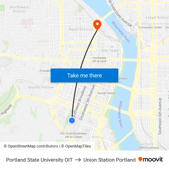Portland State University OIT to Union Station Portland map