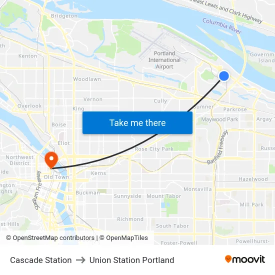 Cascade Station to Union Station Portland map